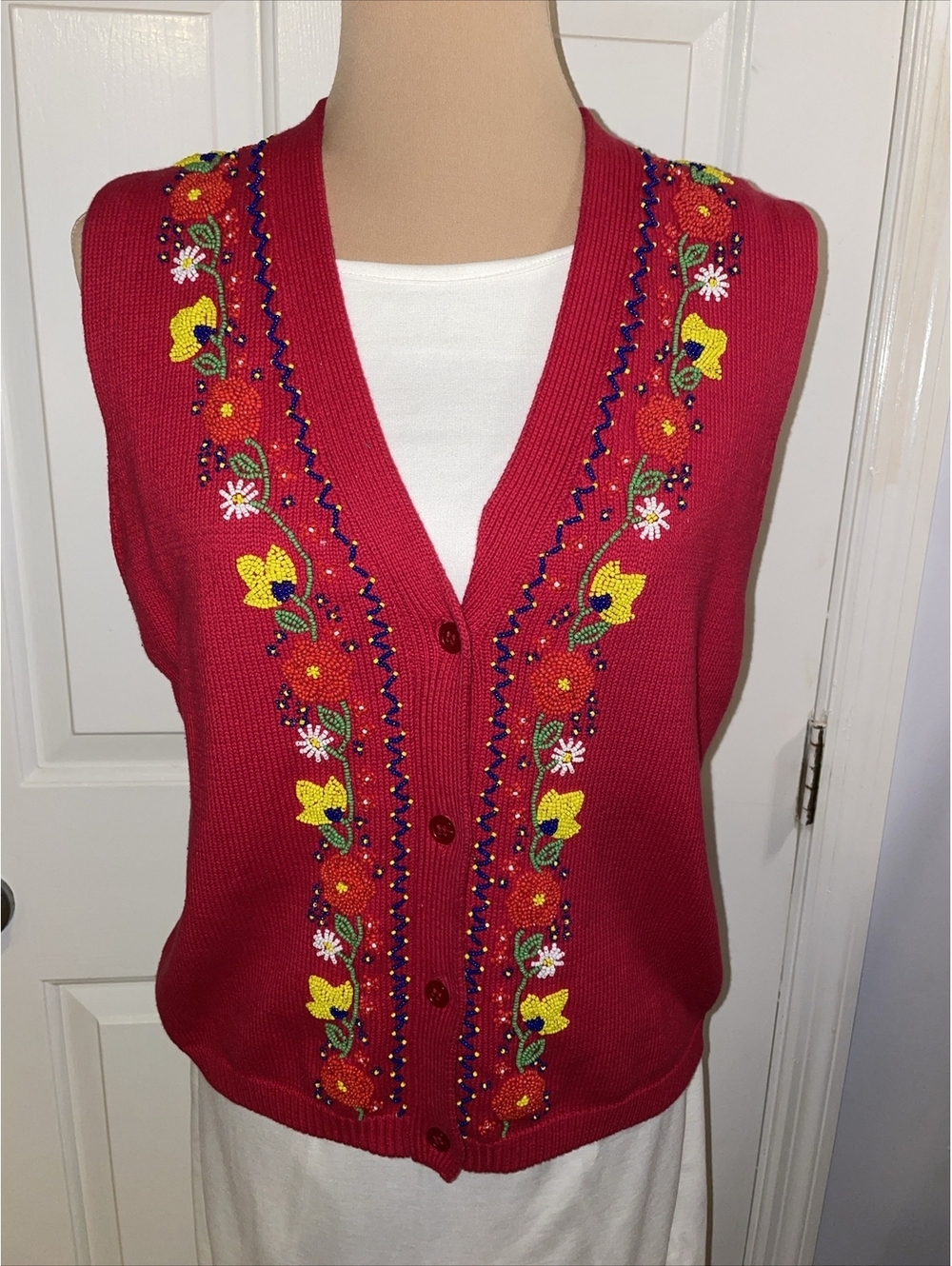 The limited Vintage red sweater vest beaded florals size medium